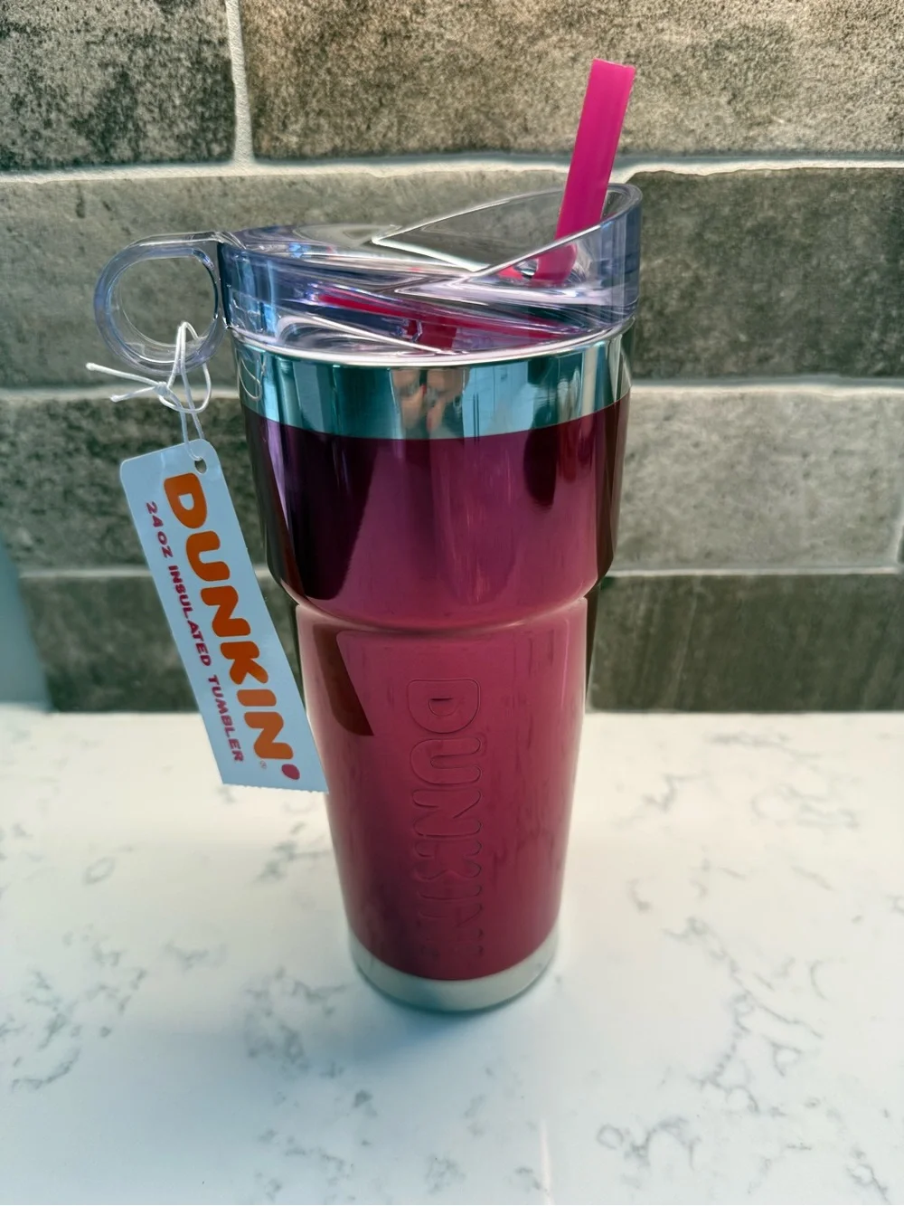 NEW RARE DUNKIN Donuts Pink Foil Metallic 24oz Insulated Tumbler Loop Travel Mug